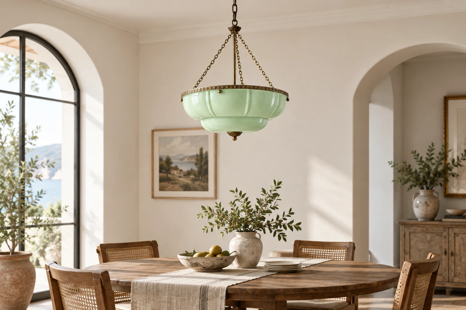 Light green bowl pendant above a dining table