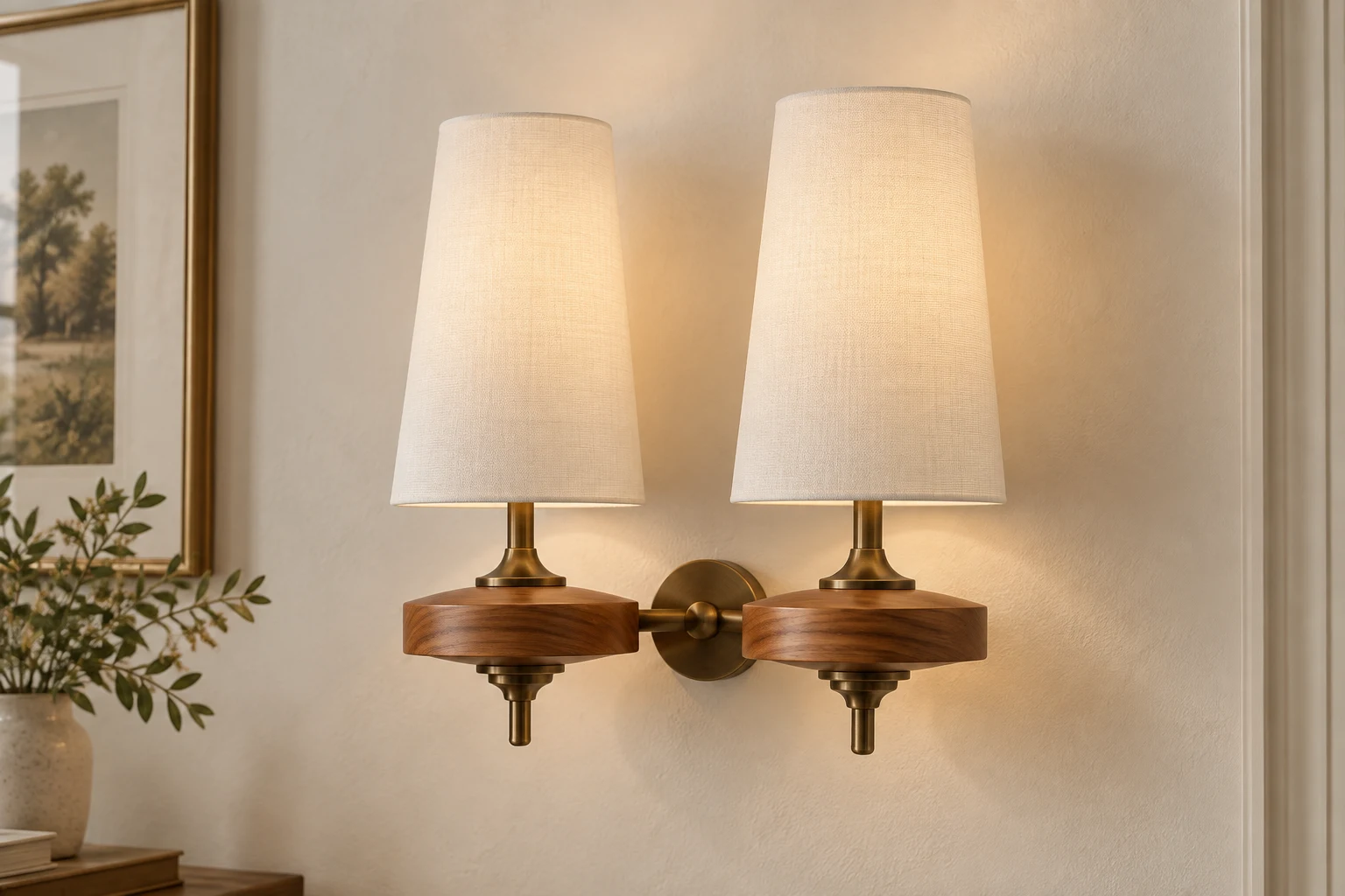 Twin white fabric shade wall sconce casting a soft glow