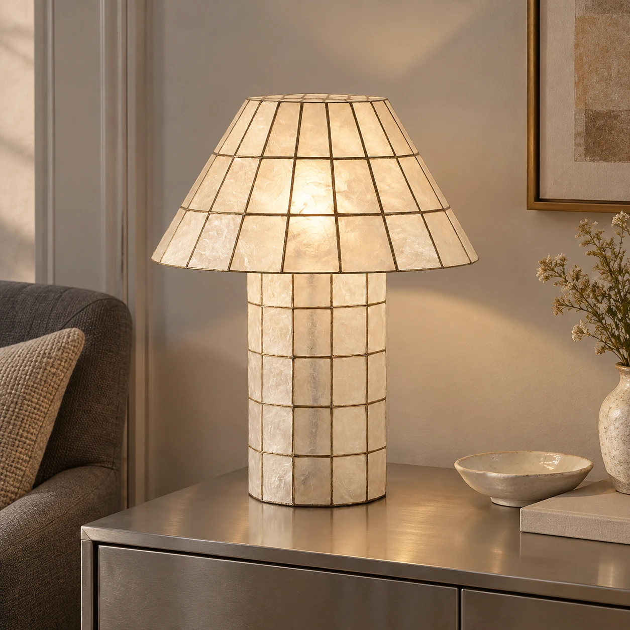Softly illuminated shell table lamp on a living-room side cabinet