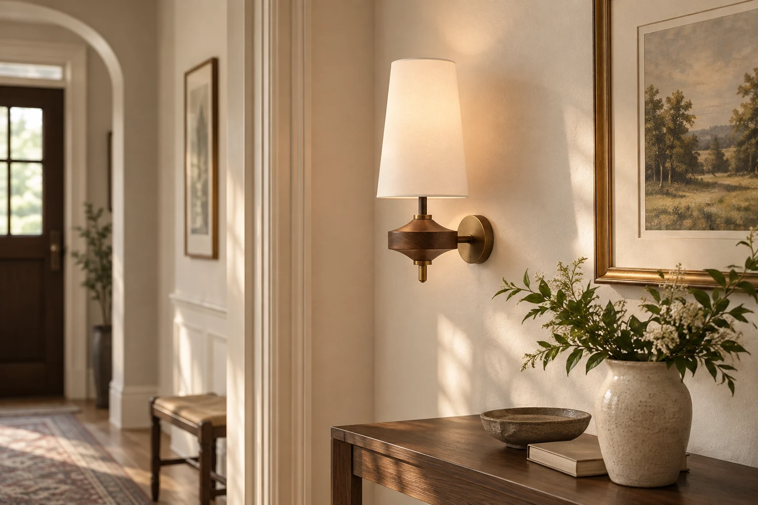 White single-head wall sconce in a warm entryway