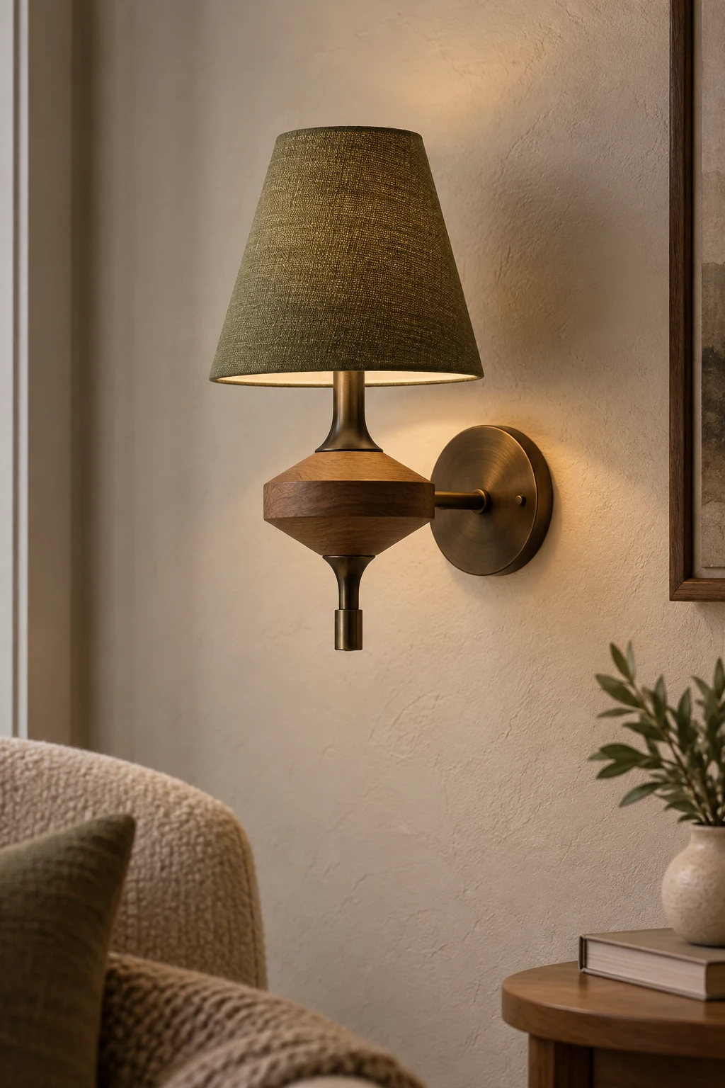 Olive green wall sconce showing fabric, wood, brass, and wall plate