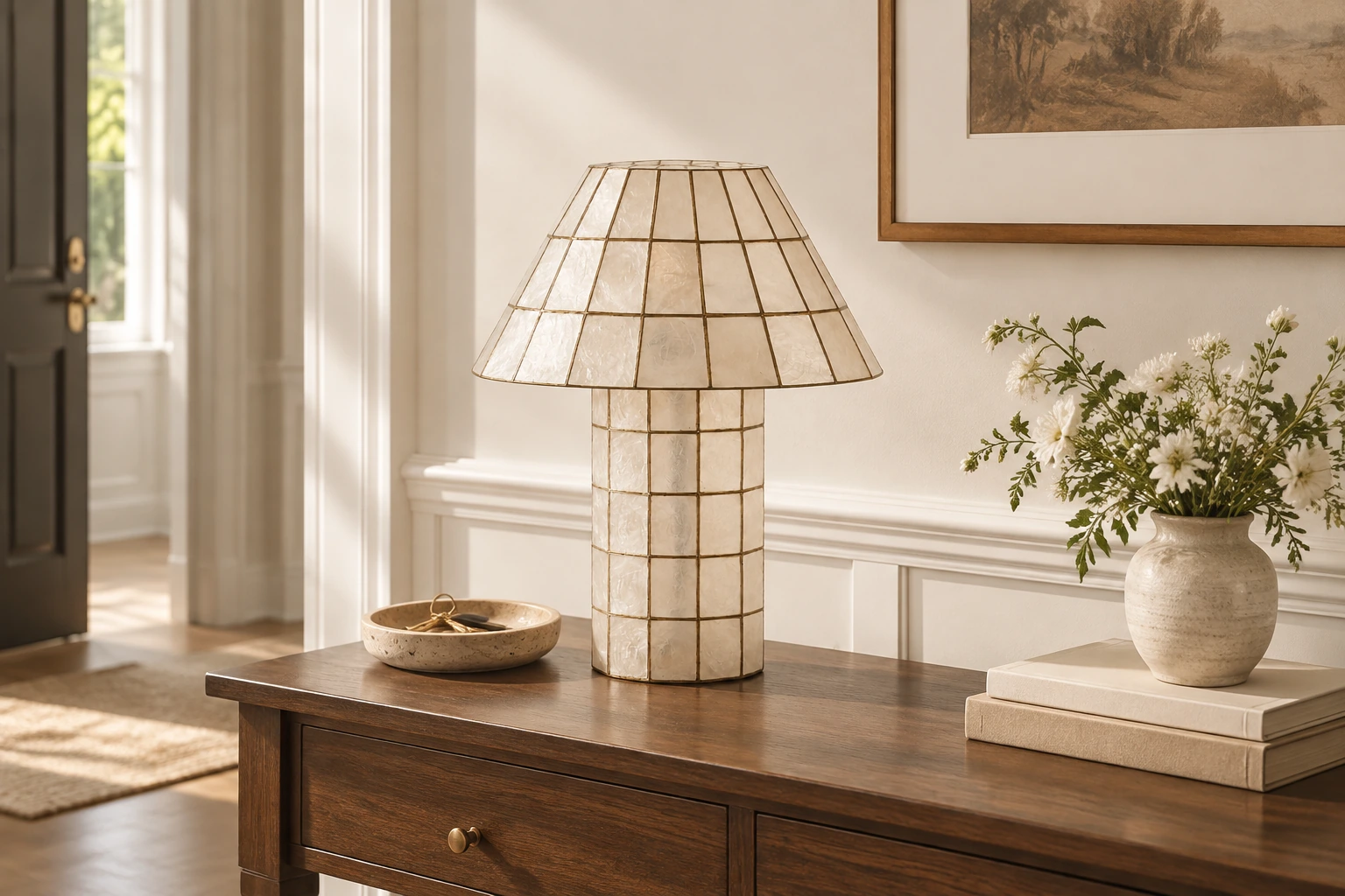 Solenne table lamp on a console near an interior doorway