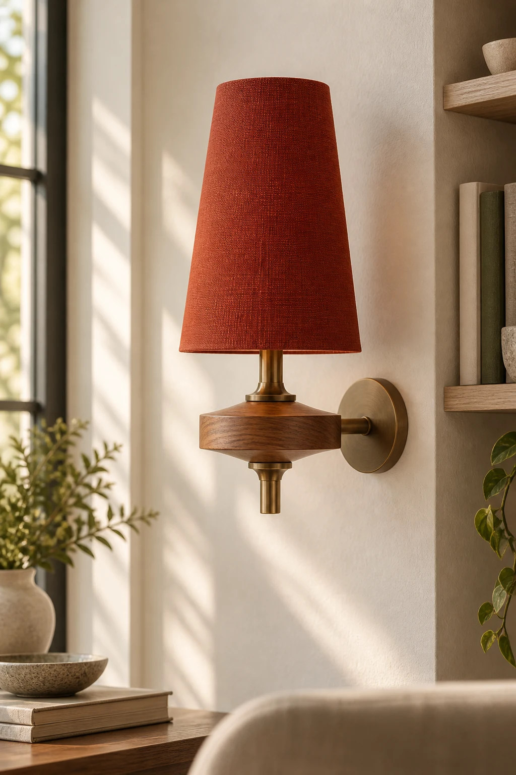 Brick-red single-head wall sconce in a study