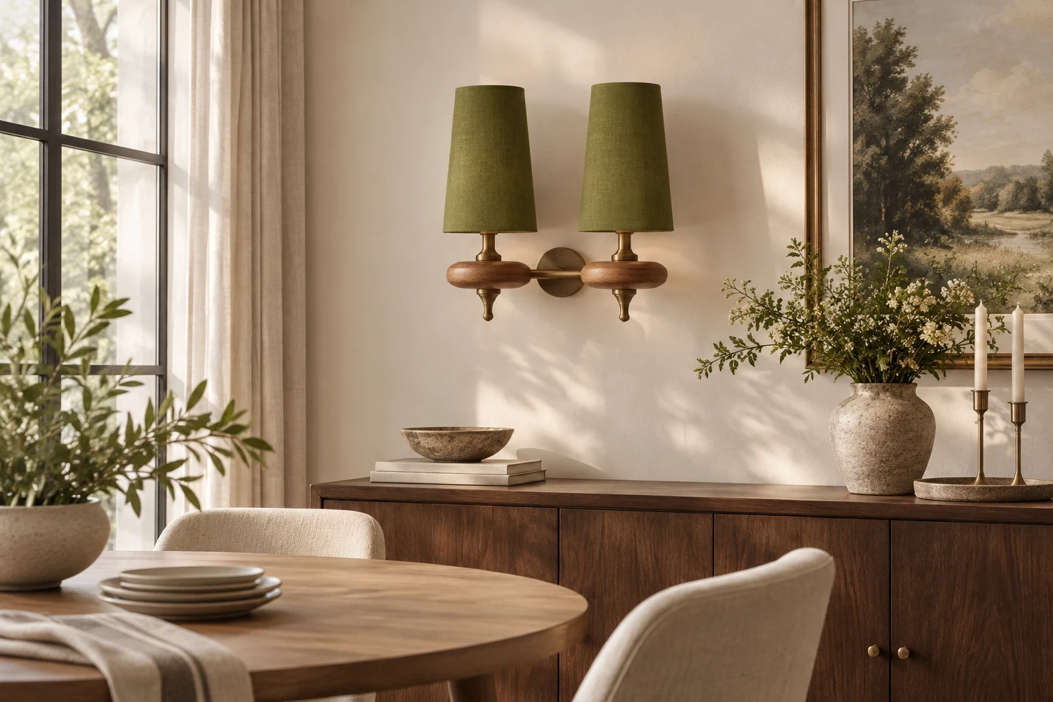 Green twin-head fabric shade wall sconce in dining room