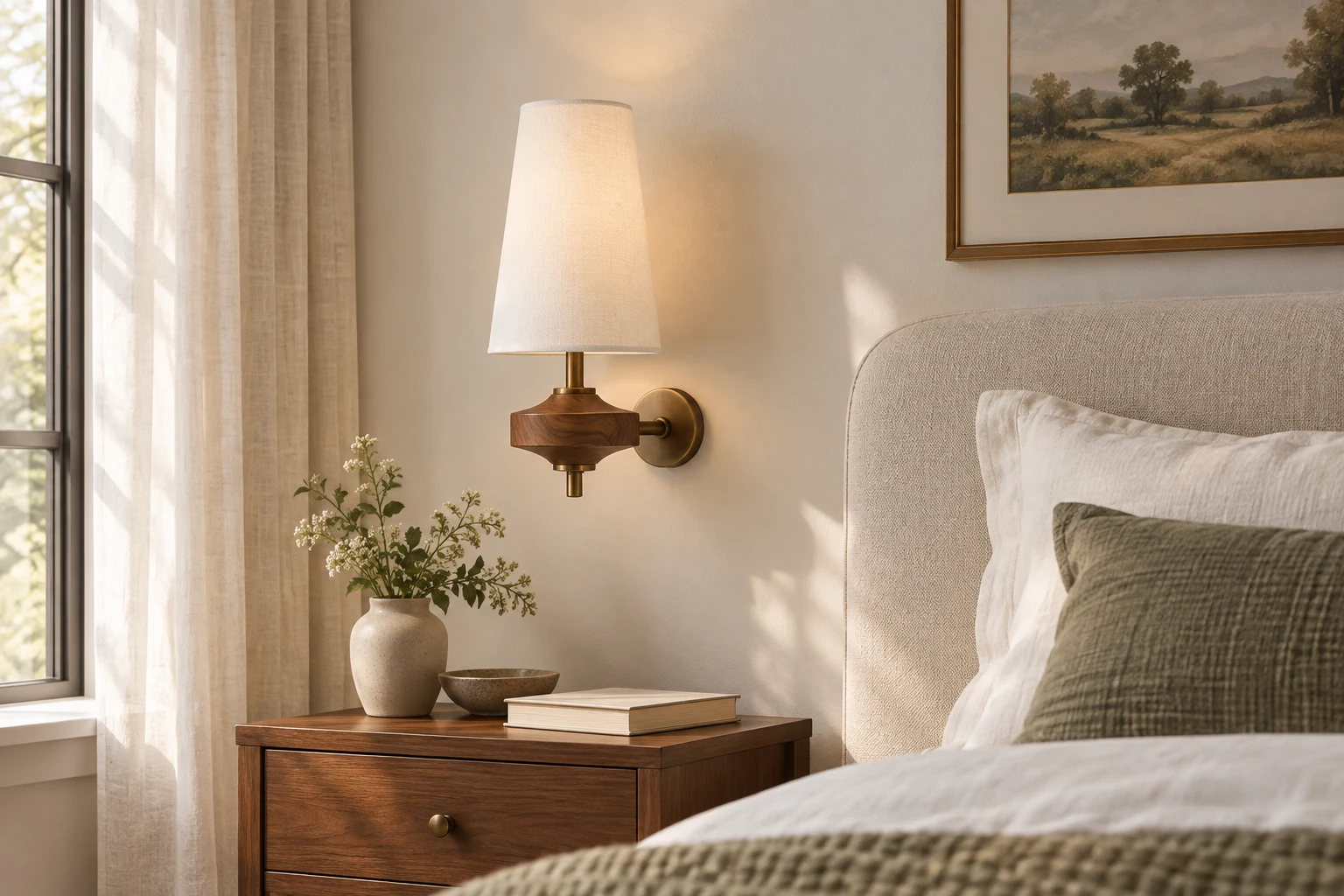 White single-head fabric shade wall sconce beside a bedroom bed