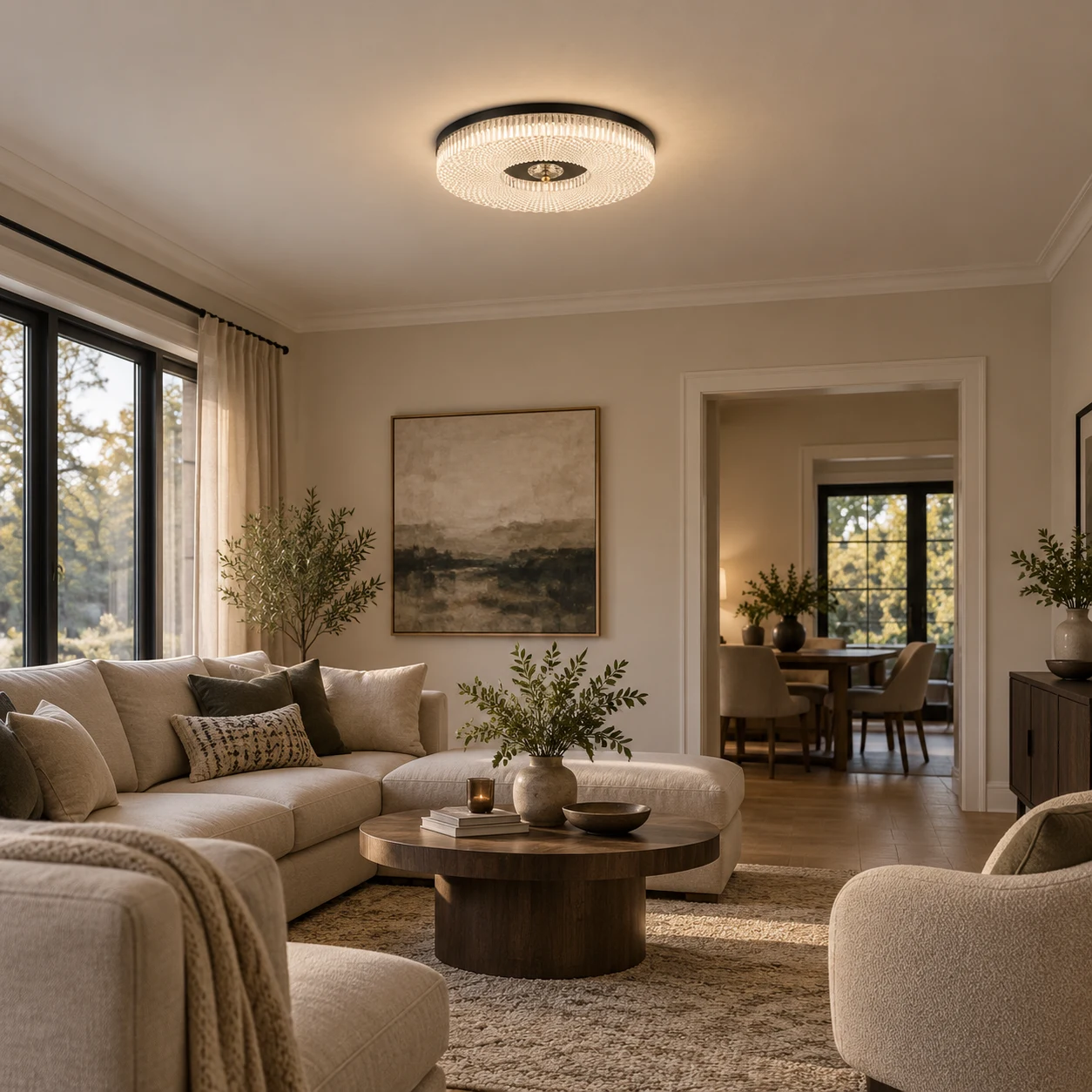 Black Ayla LED flush mount ceiling light in a living room