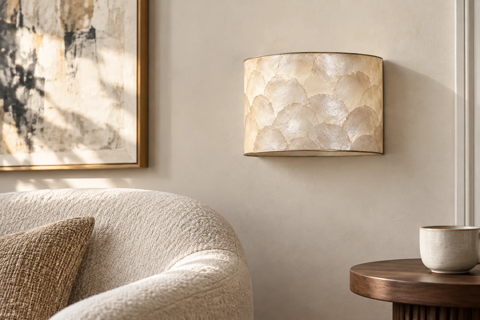 Aveline natural shell half-dome wall sconce beside a lounge chair at realistic scale