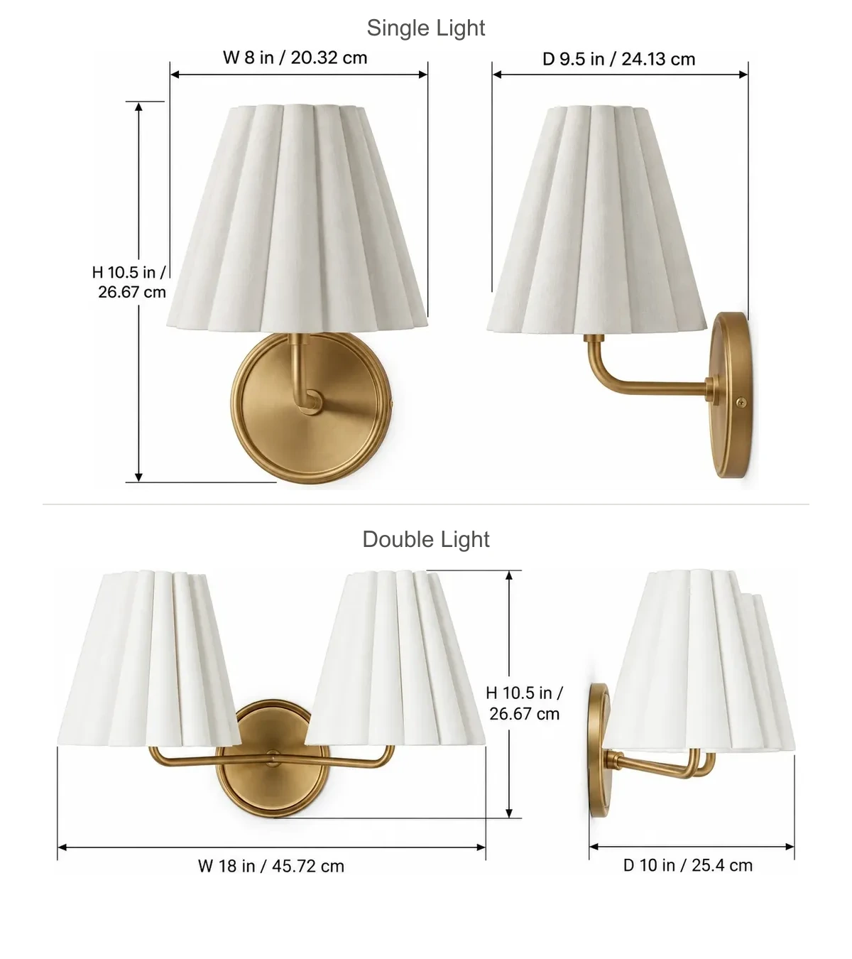 Enlarged single and double linen shade wall sconce dimensions arranged vertically in inches and centimeters