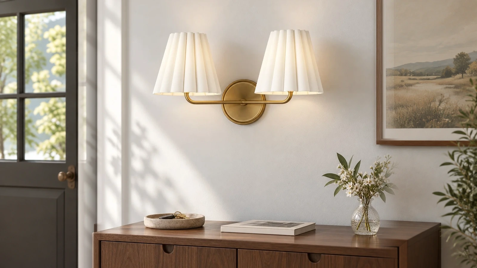 Double brass linen shade wall sconce centered on a warm entryway wall