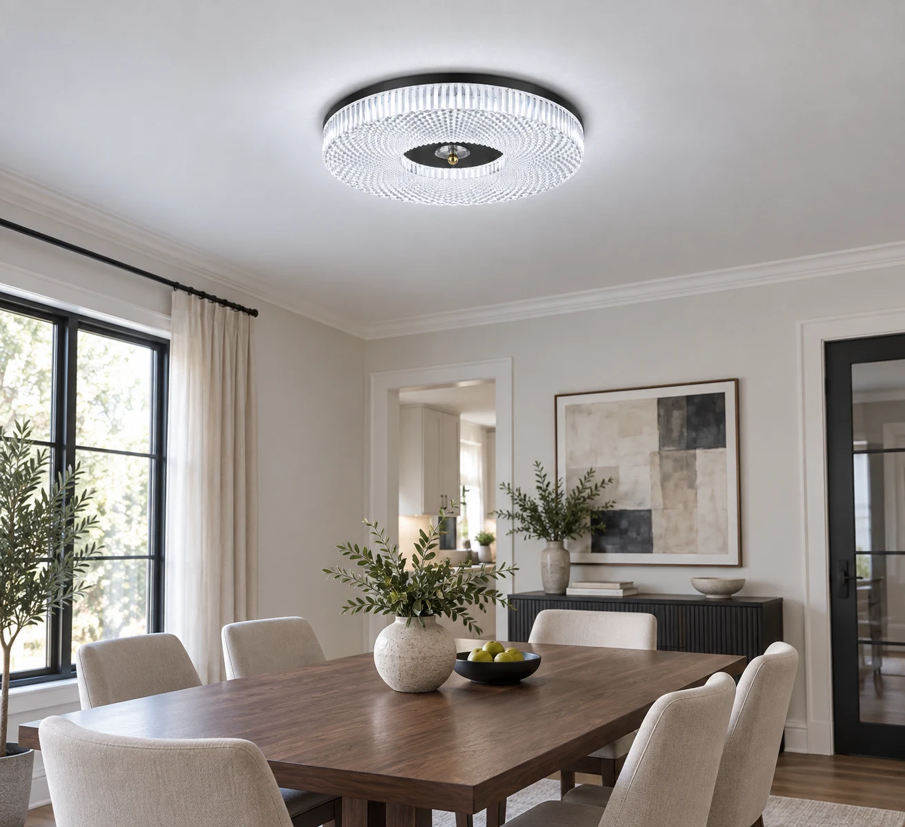 Black Ayla LED flush mount ceiling light in a dining room
