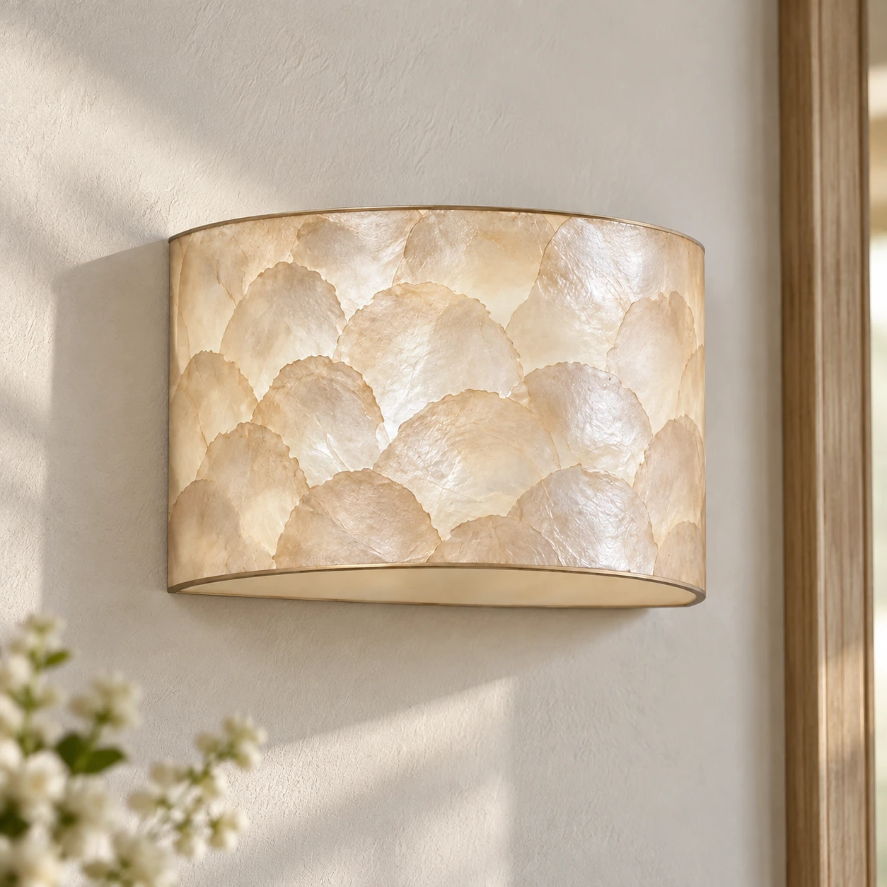 Aveline French Vintage Layered Natural Shell Half-Dome Wall Sconce — scene