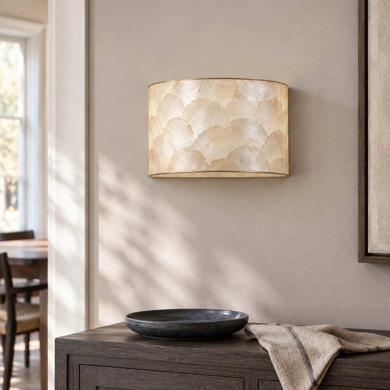 Aveline French Vintage Layered Natural Shell Half-Dome Wall Sconce — scene