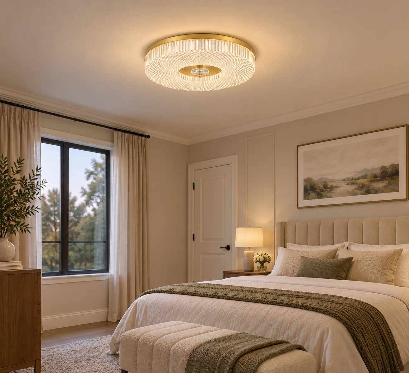Gold Ayla LED flush mount ceiling light in a bedroom