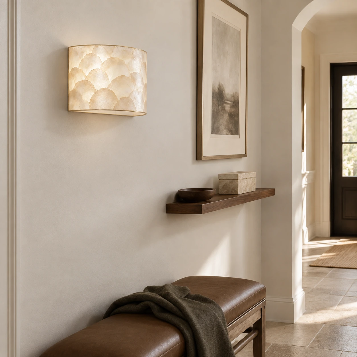 Aveline French Vintage Layered Natural Shell Half-Dome Wall Sconce — scene