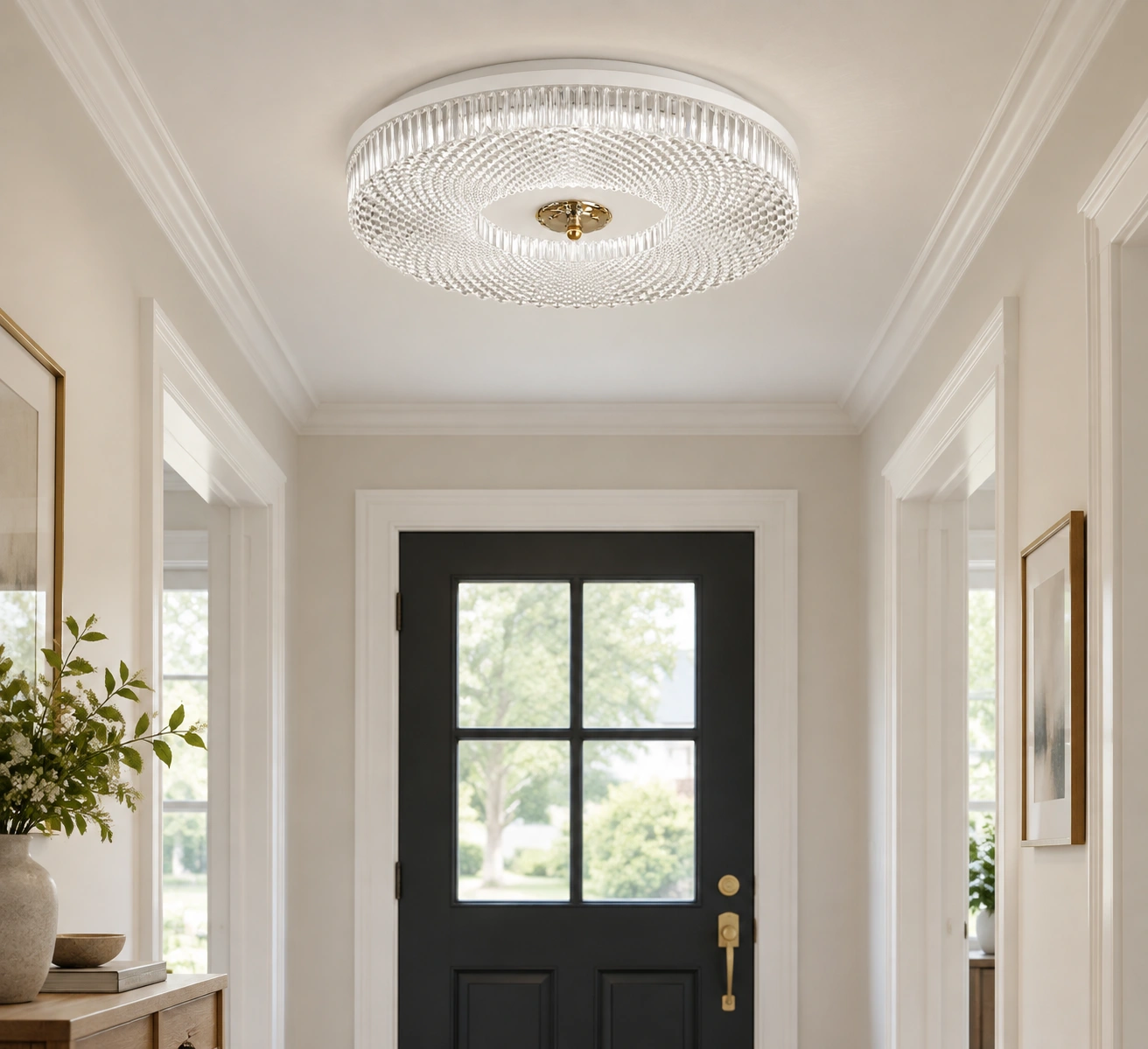 White Ayla LED flush mount ceiling light in a residential hallway