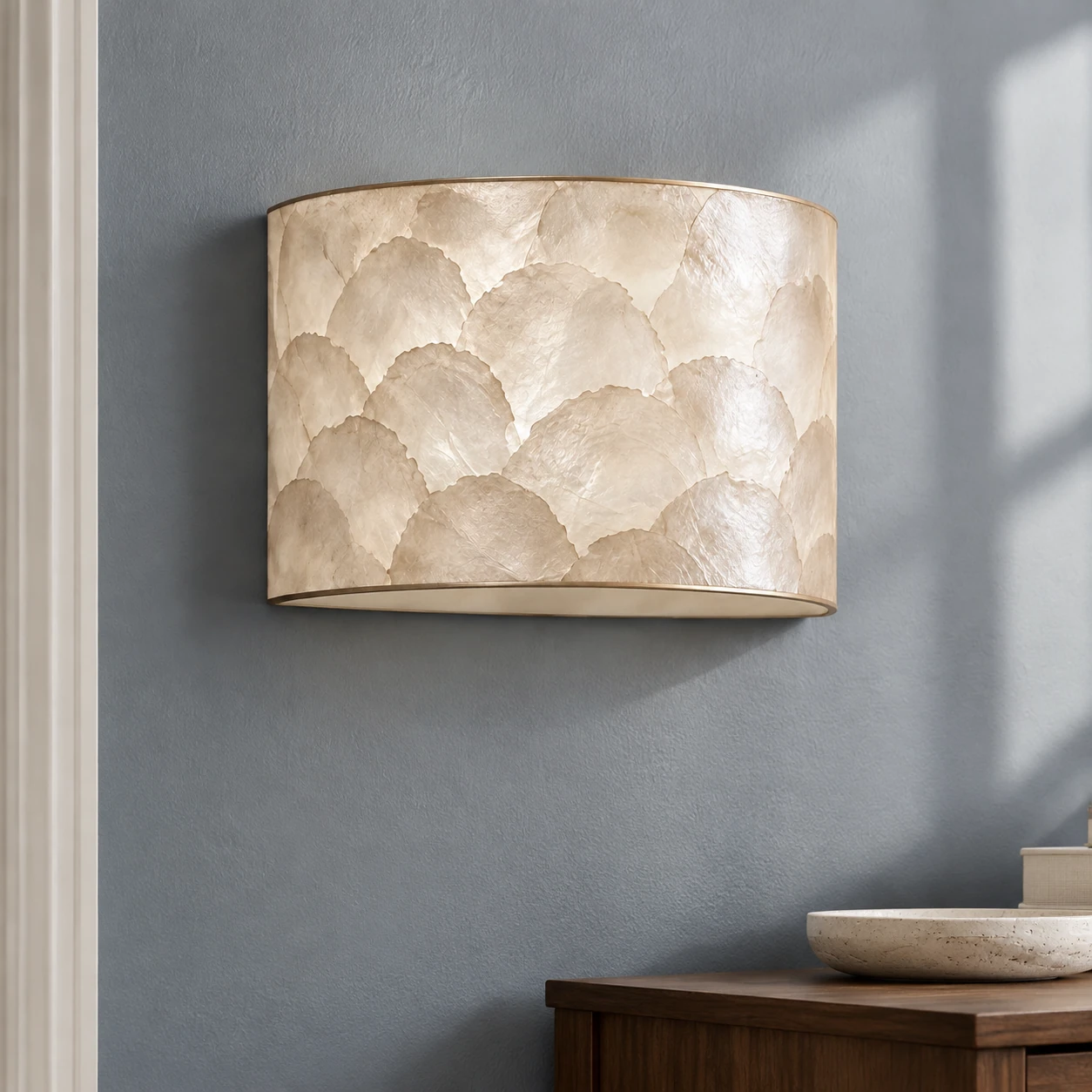Aveline French Vintage Layered Natural Shell Half-Dome Wall Sconce — scene