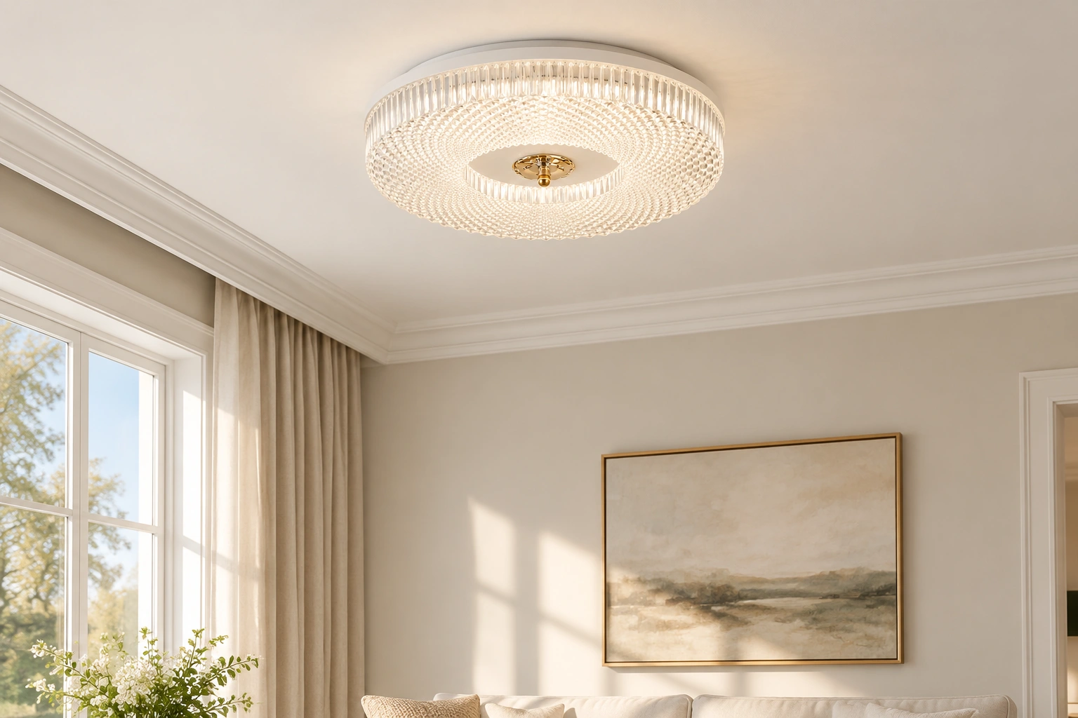 Ayla LED flush mount ceiling light in a bright modern living room