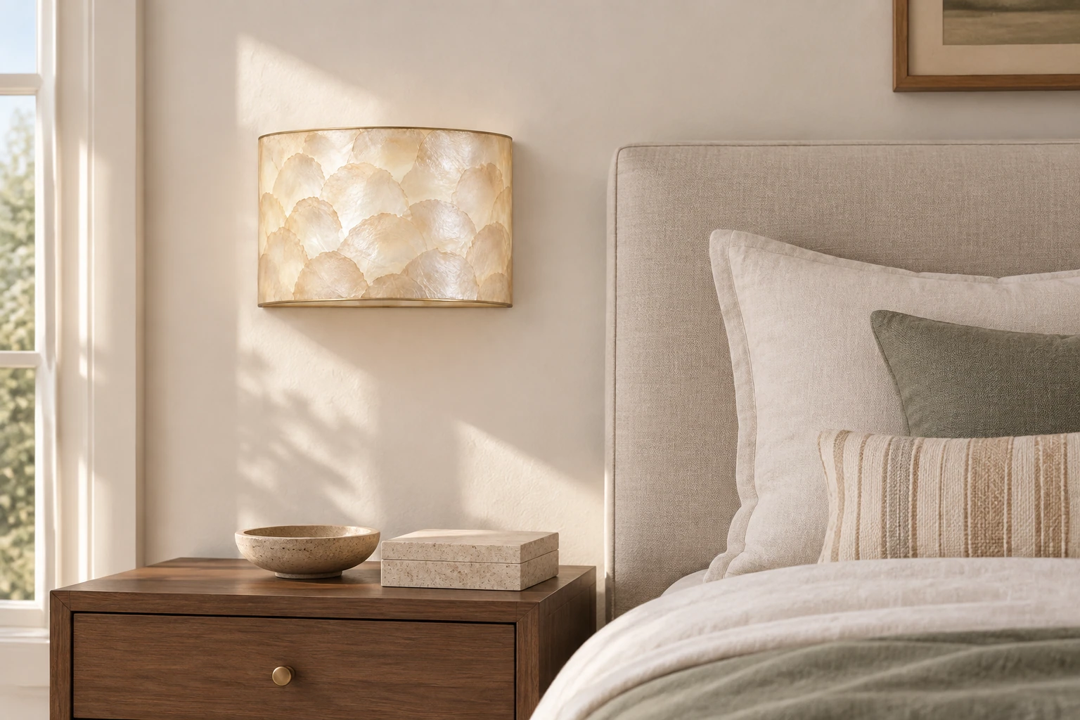 Aveline natural shell wall sconce placed beside a bedroom headboard