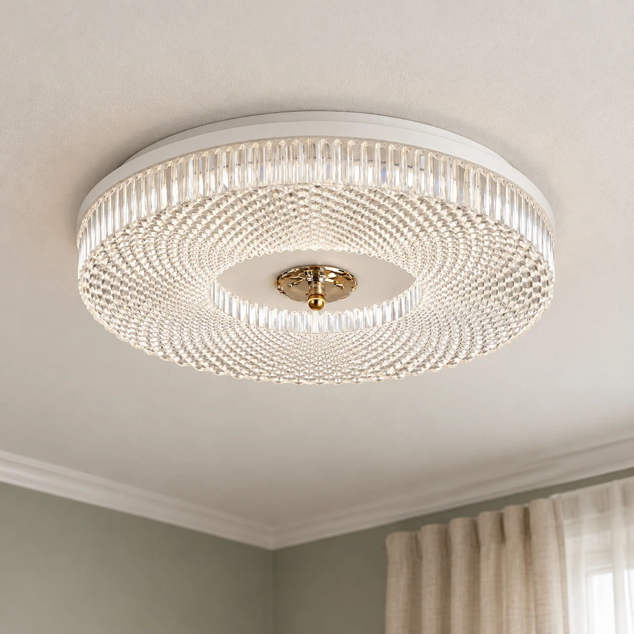 White Ayla LED flush mount ceiling light in a bedroom ceiling detail