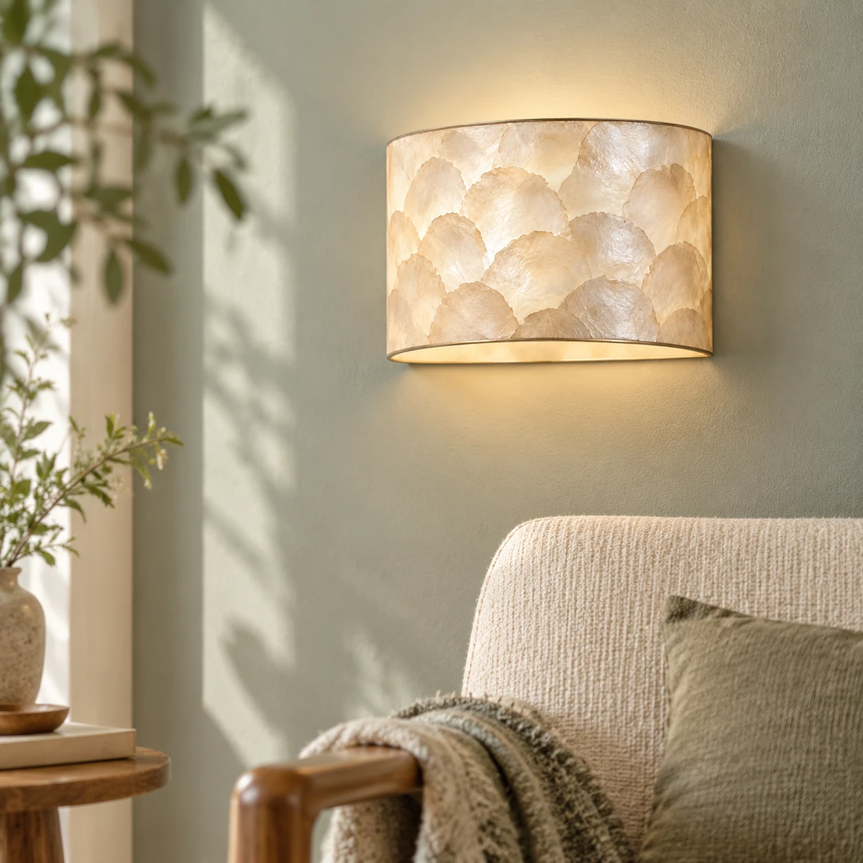 Aveline French Vintage Layered Natural Shell Half-Dome Wall Sconce — scene