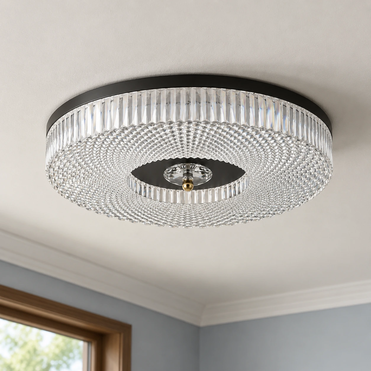Black Ayla LED flush mount ceiling light near a living room window