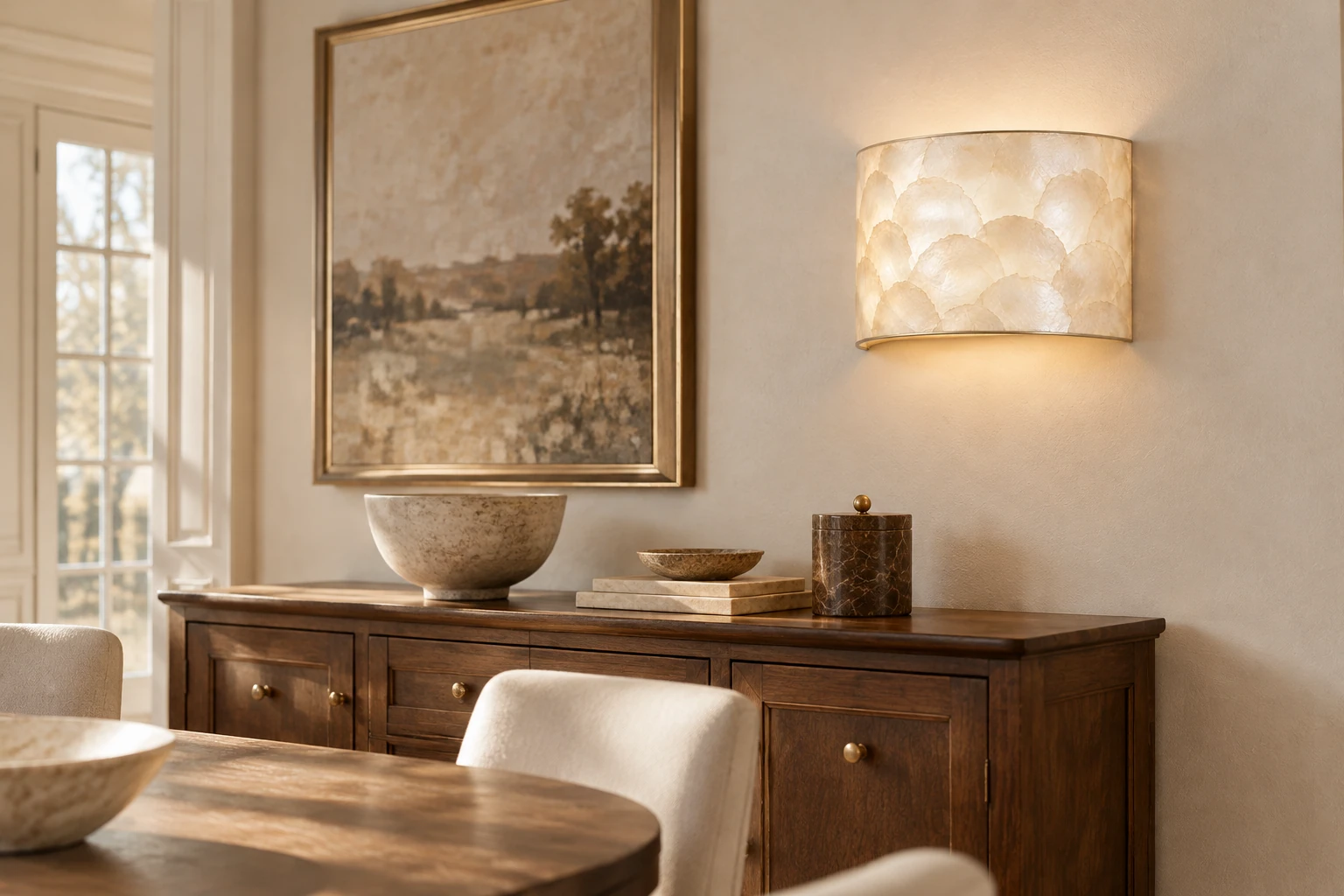Aveline natural shell wall sconce beside a dining-room sideboard