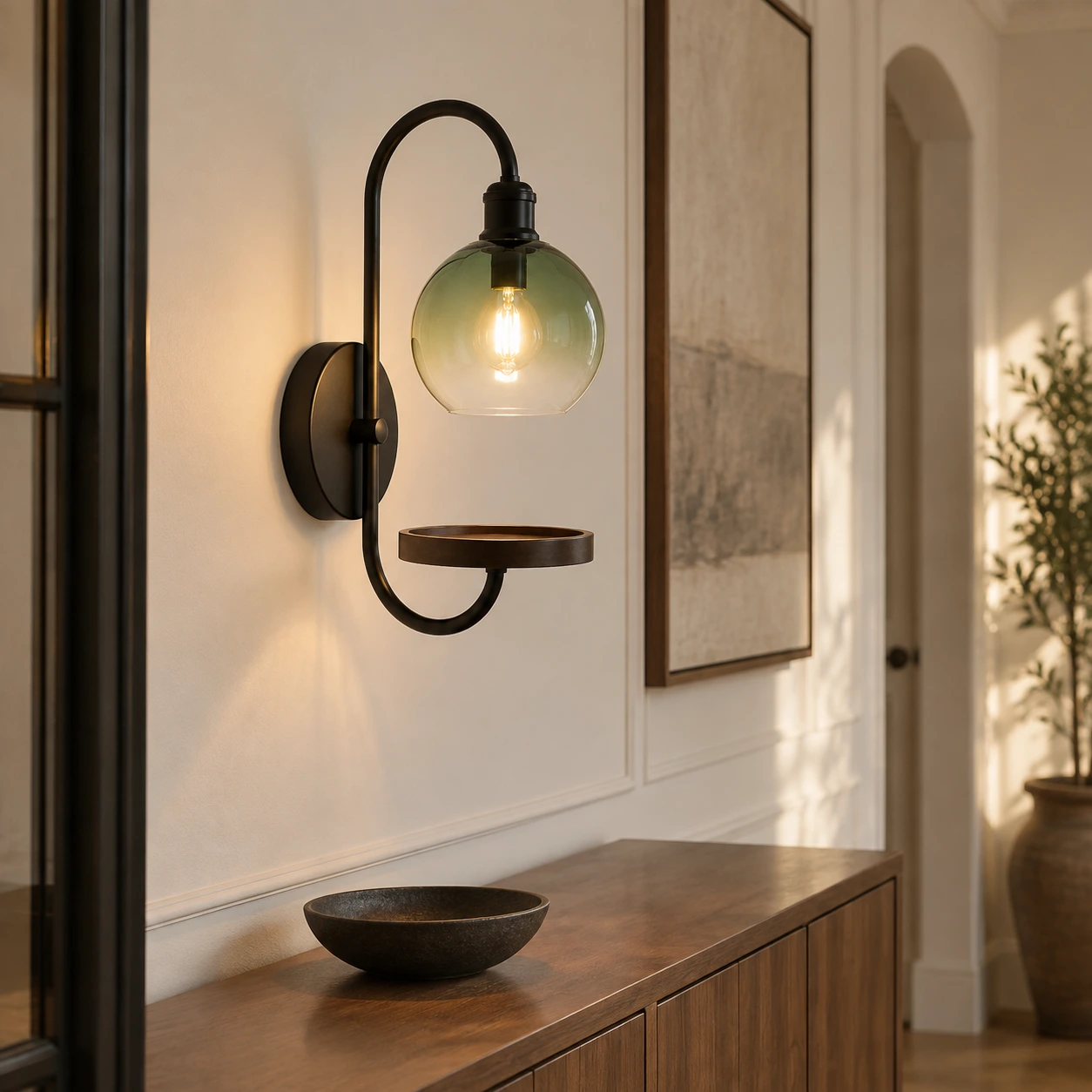 Gradient green wall sconce on an entryway wall