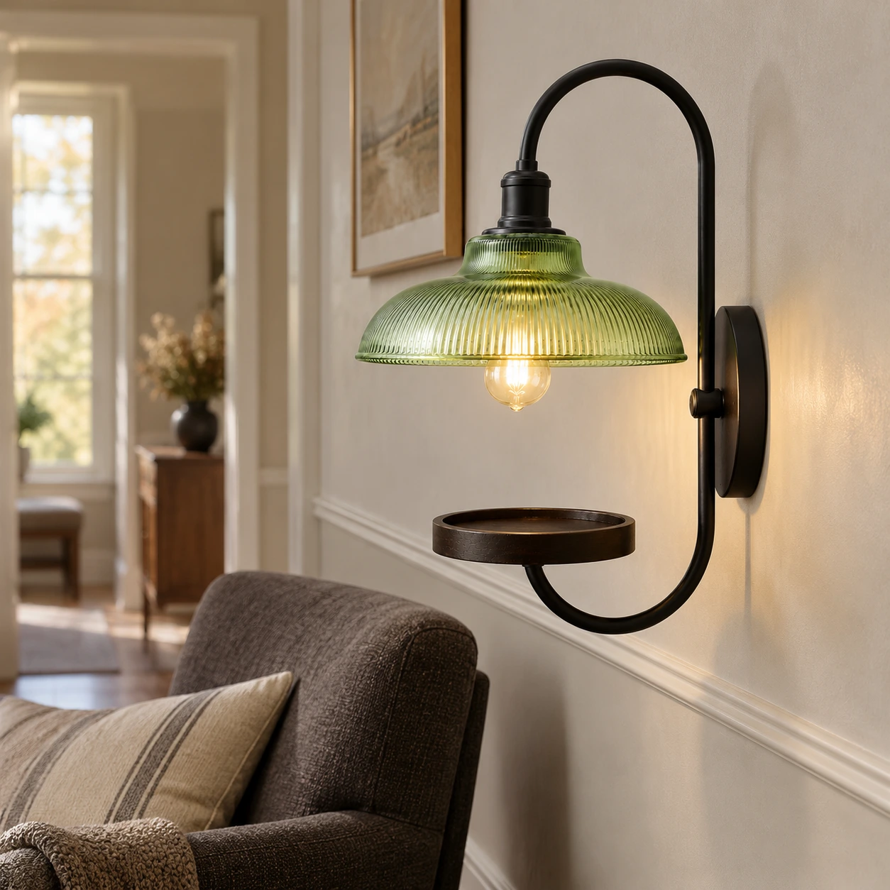 Pleated green wall sconce in a living room