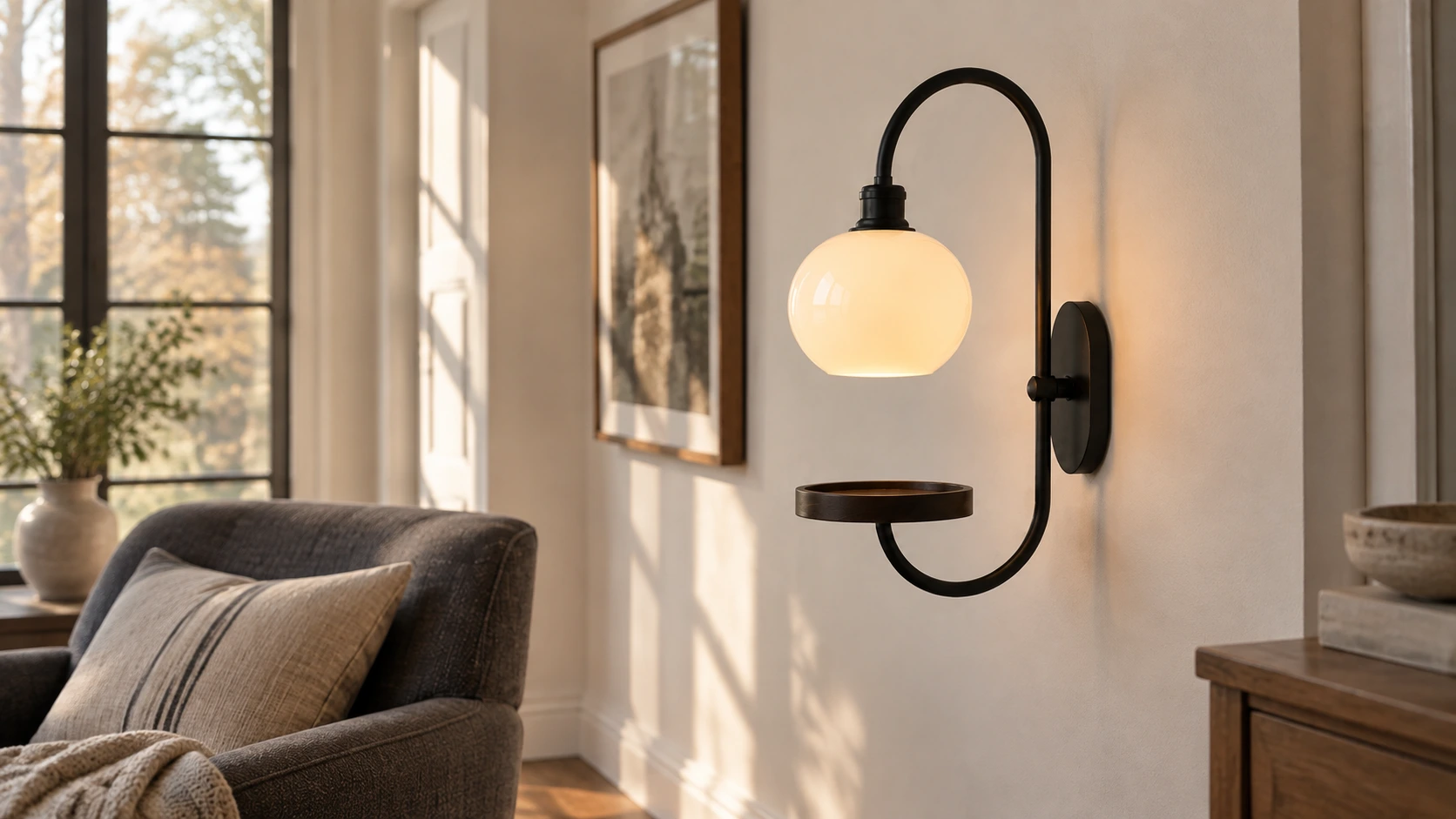 Milky white glass tray wall sconce in a bright living room