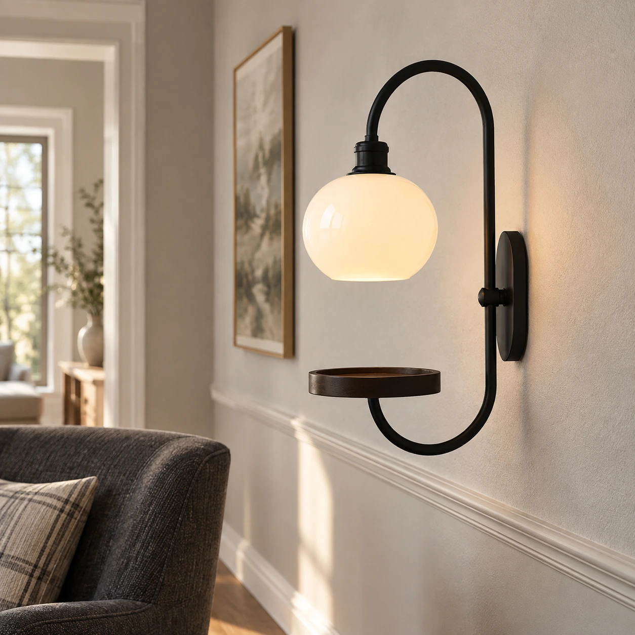 Milky white wall sconce beside a reading chair