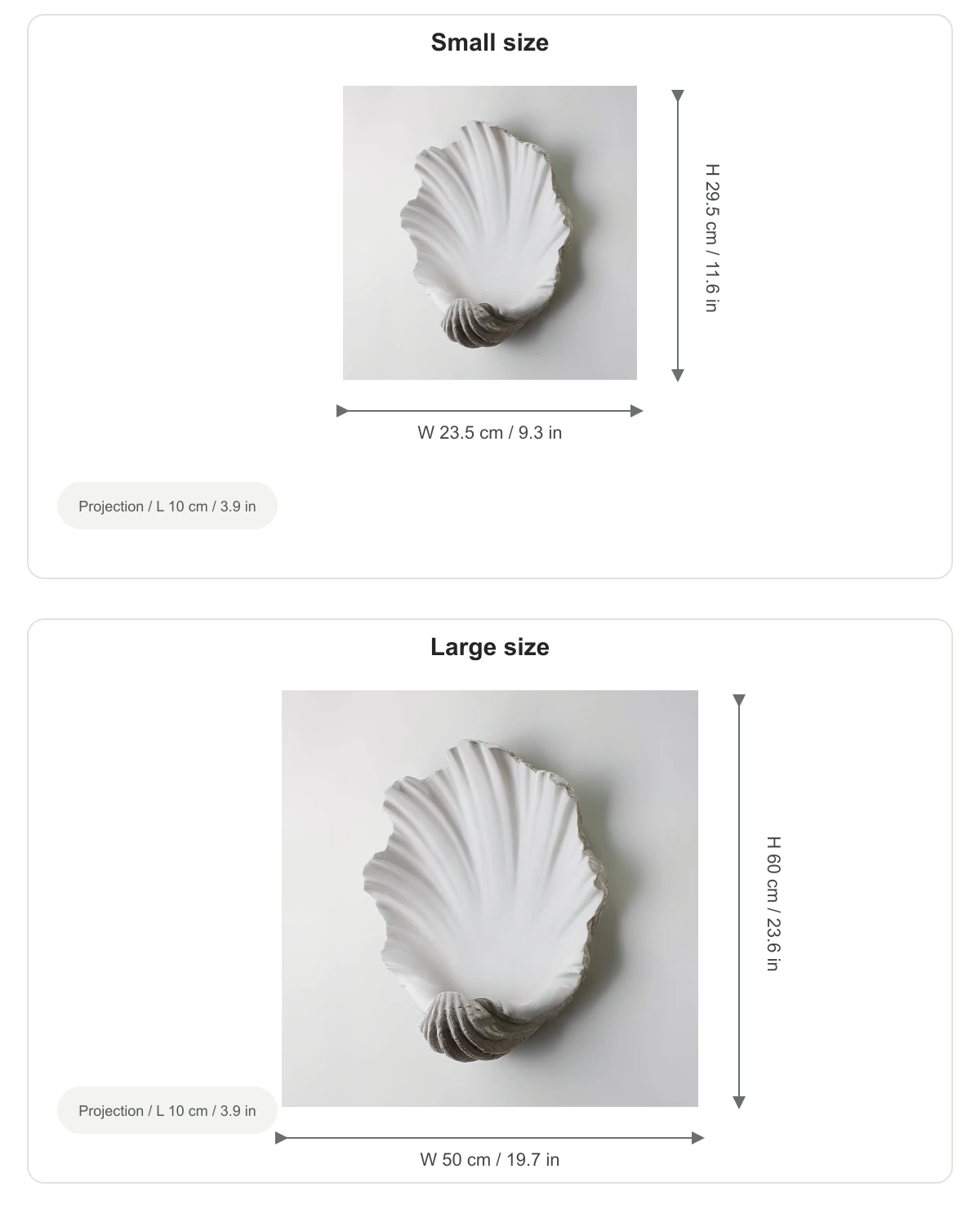 Small and large seashell wall light sizes with separate width, height, and projection measurements