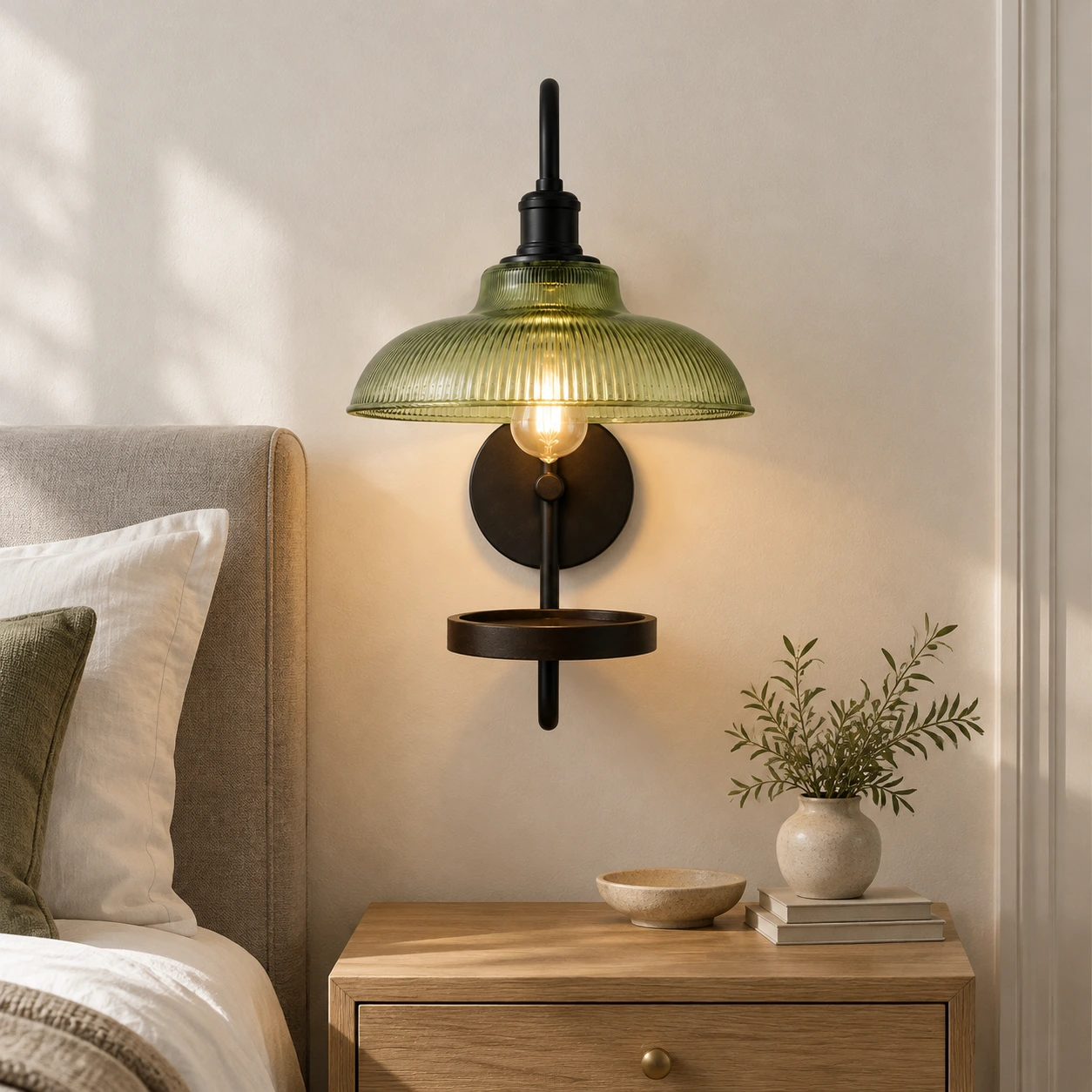 Pleated green glass wall sconce beside a bed
