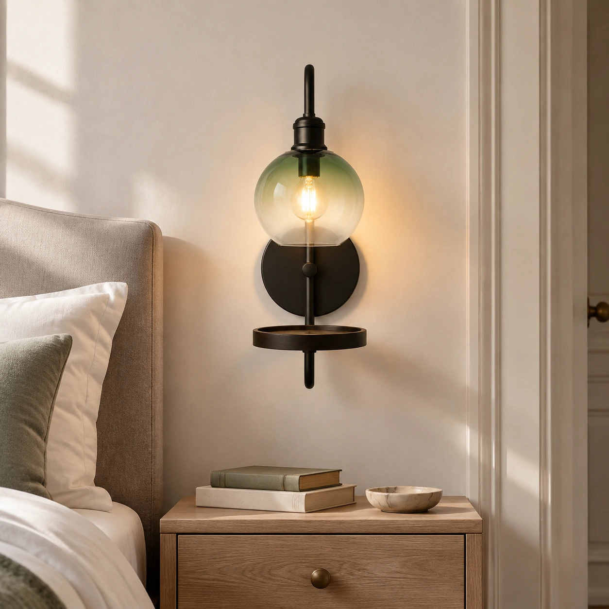Gradient green wall sconce beside a bed