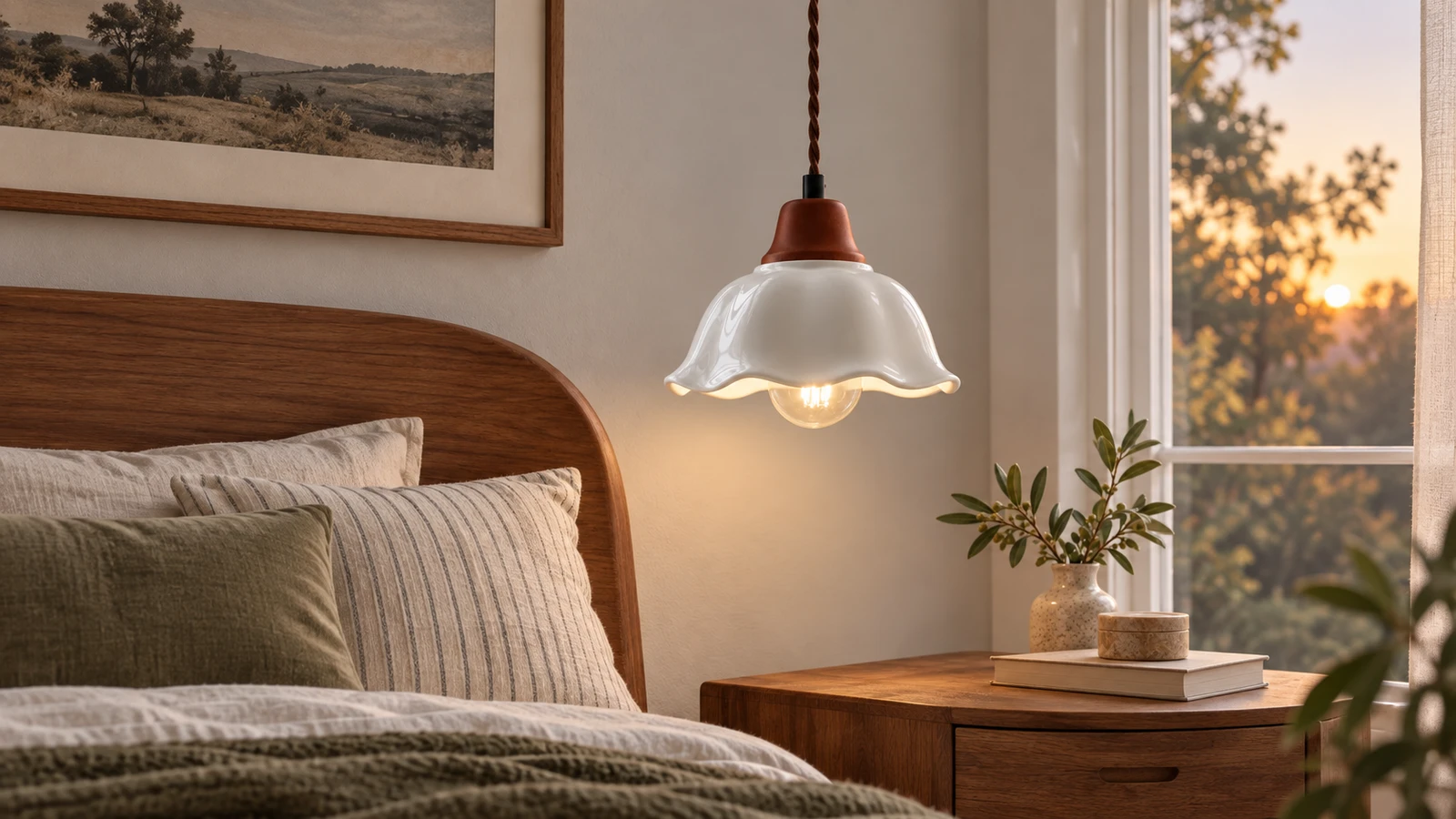 Vintage ceramic flower pendant light in a warm bedroom setting
