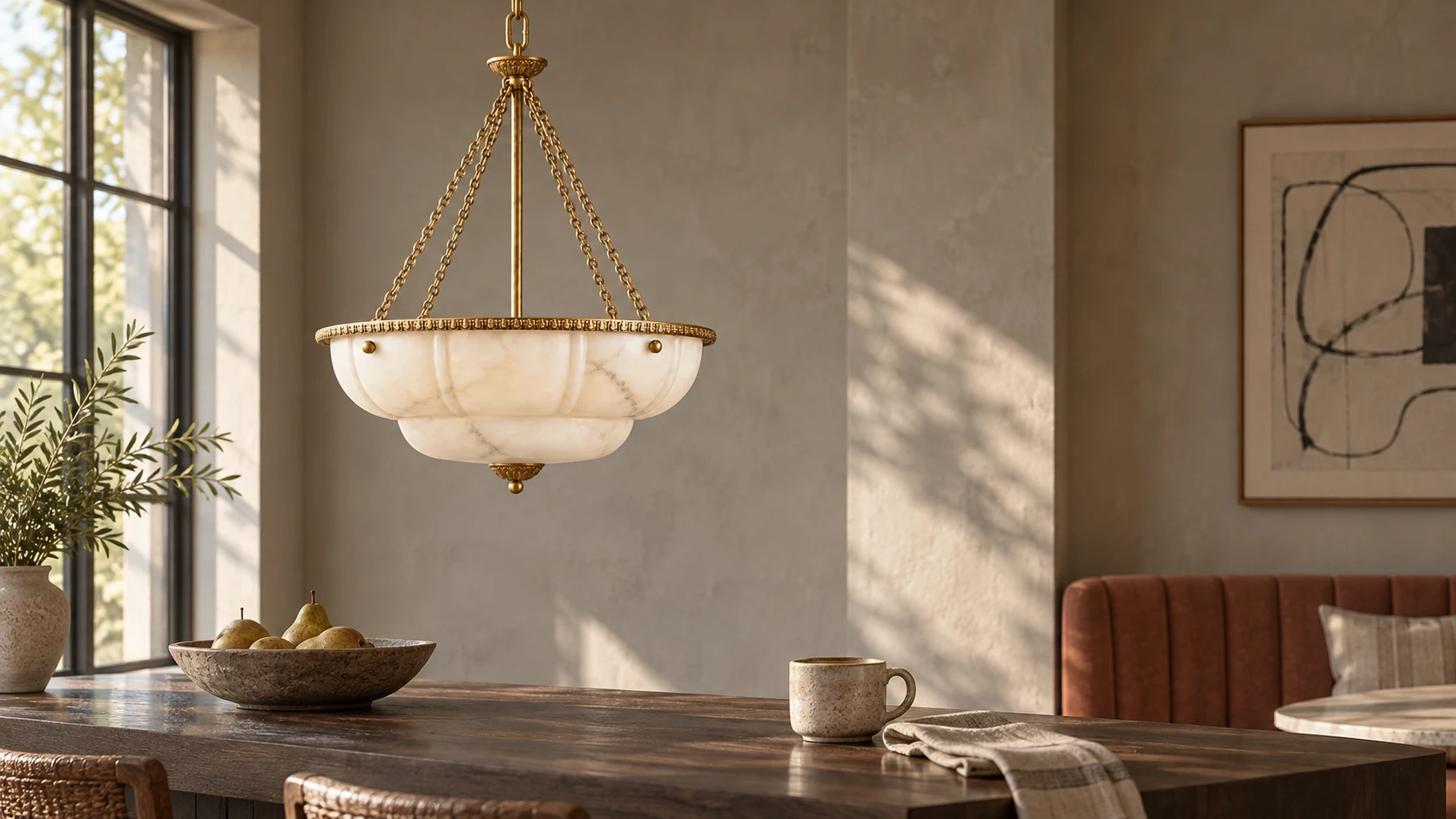 Bowl pendant above a dining setting