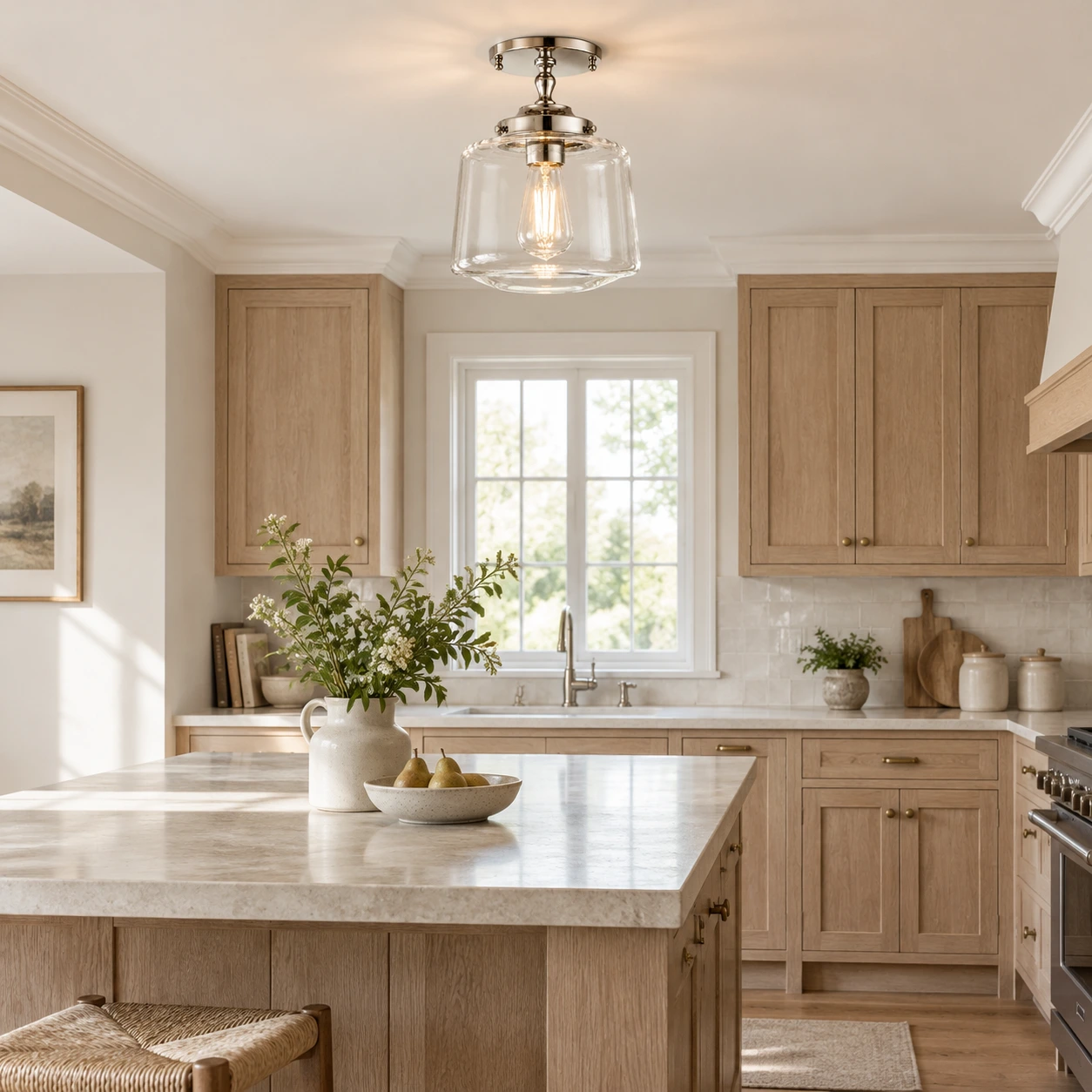 Chrome finish ceiling light in a kitchen