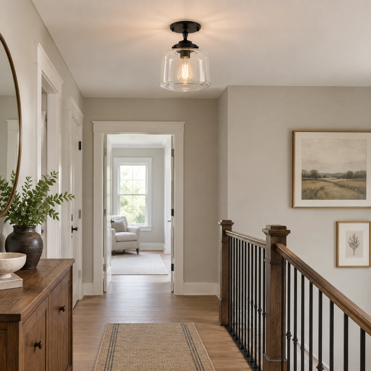 Black finish ceiling light in a hallway