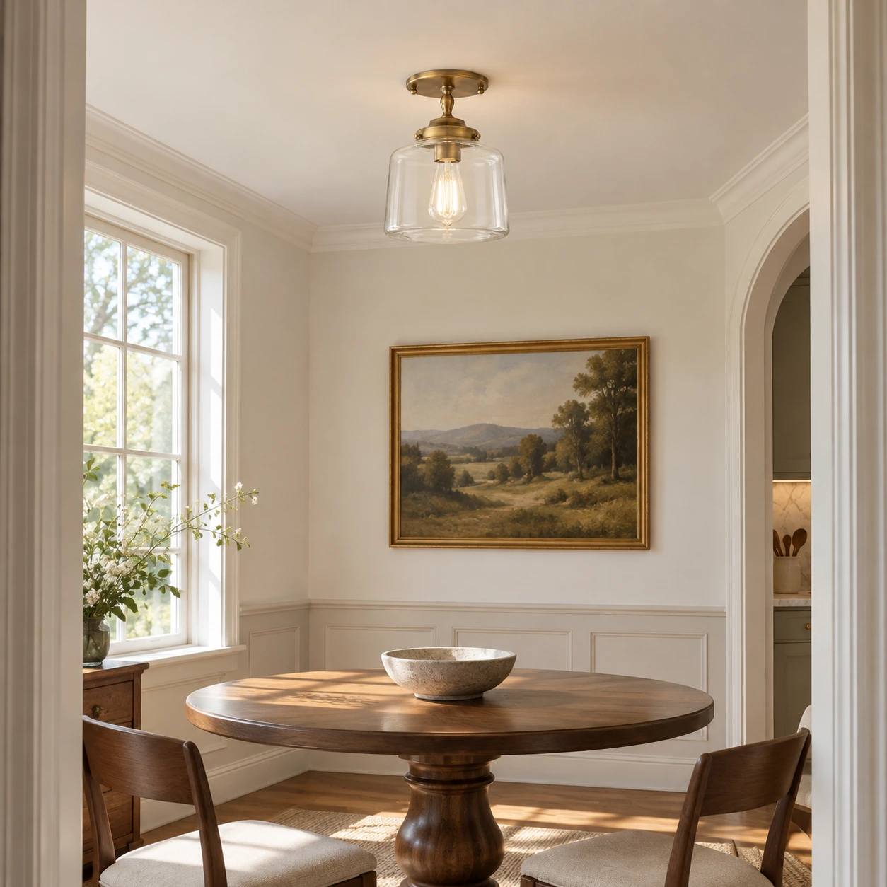 Brass finish ceiling light above a dining nook