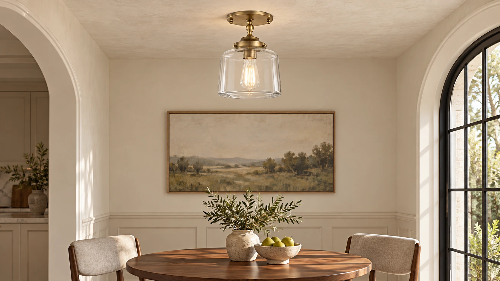 Brass clear glass schoolhouse ceiling light in a dining alcove
