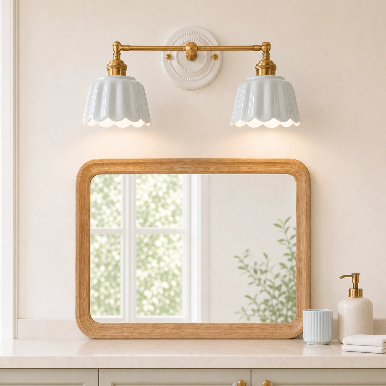 Brass and ceramic vanity light view
