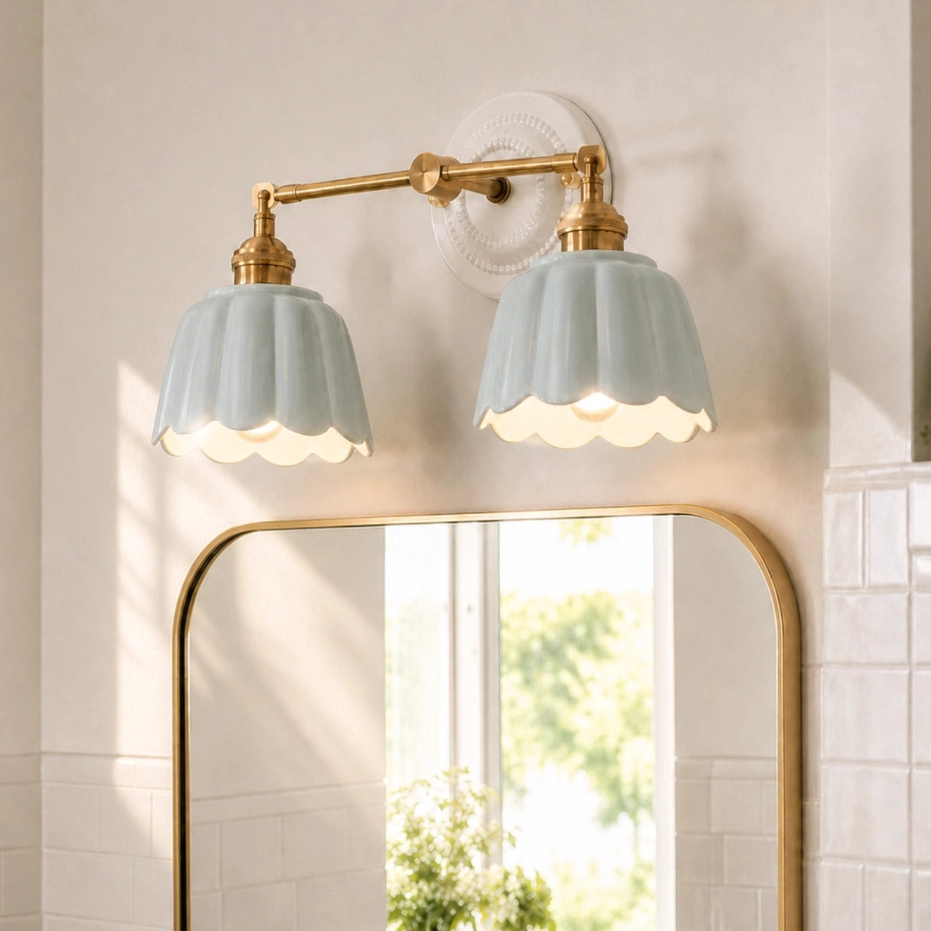 Porcelain petal vanity light in a refined bathroom setting